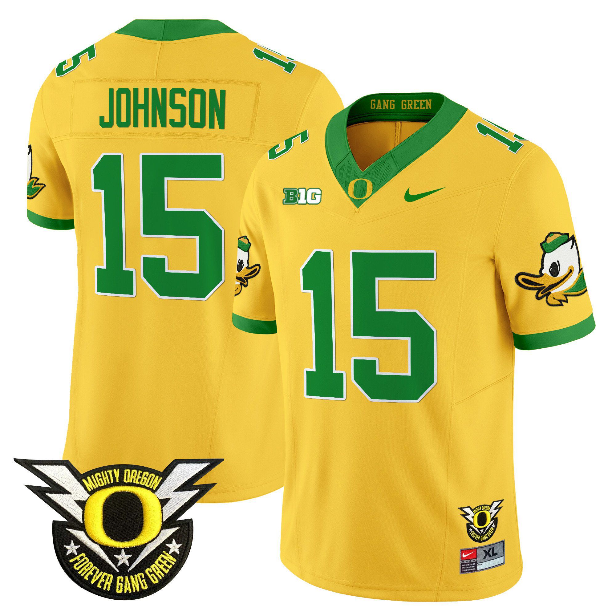Men Oregon Ducks #15 Johnson Yellow 2024 Nike Forever Gang Green & BIG Patch Vapor Limited NCAA Jersey->ncaa teams->NCAA Jersey